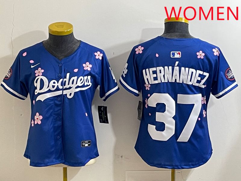 Women Los Angeles Dodgers 37 Hernandez Blue Sakura Edition 2025 Nike MLB Jersey style 1